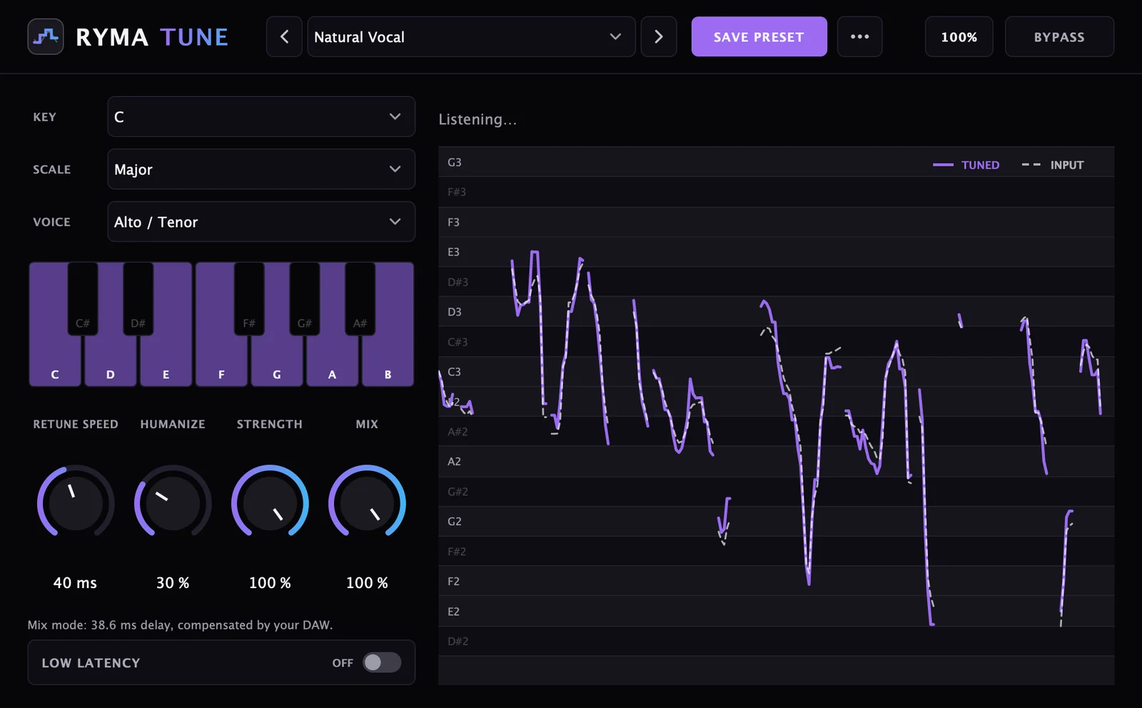 RYMA Tune plugin window with key and scale settings, tuning controls, and the live pitch graph