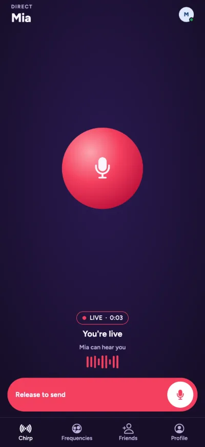 A live chirp to Mia: a coral microphone orb on a midnight background, a LIVE timer, the words You're live, Mia can hear you, and a bar reading Release to send.