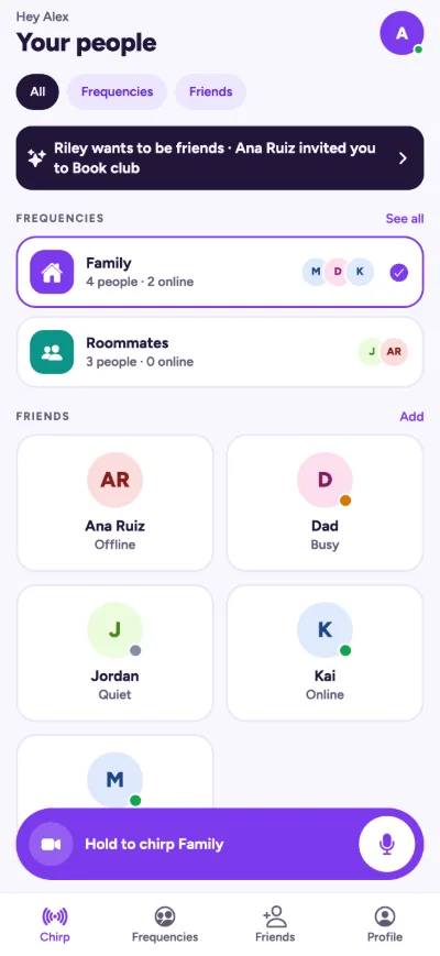 Kinlo's home screen titled Your people, with Family and Roommates frequencies, a grid of friends with their status, and a button reading Hold to chirp Family.